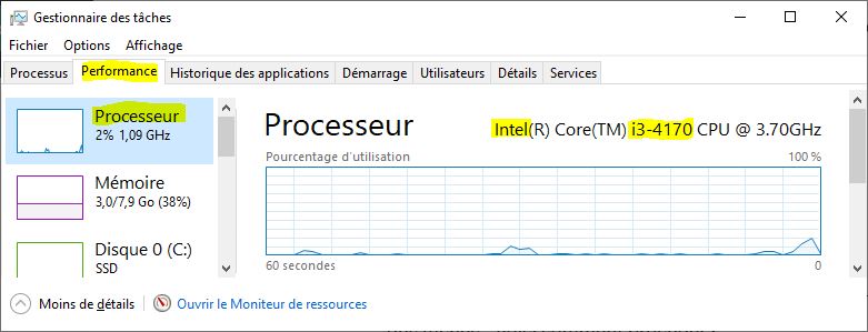 Nom du processeur via le gestionaire de tâches